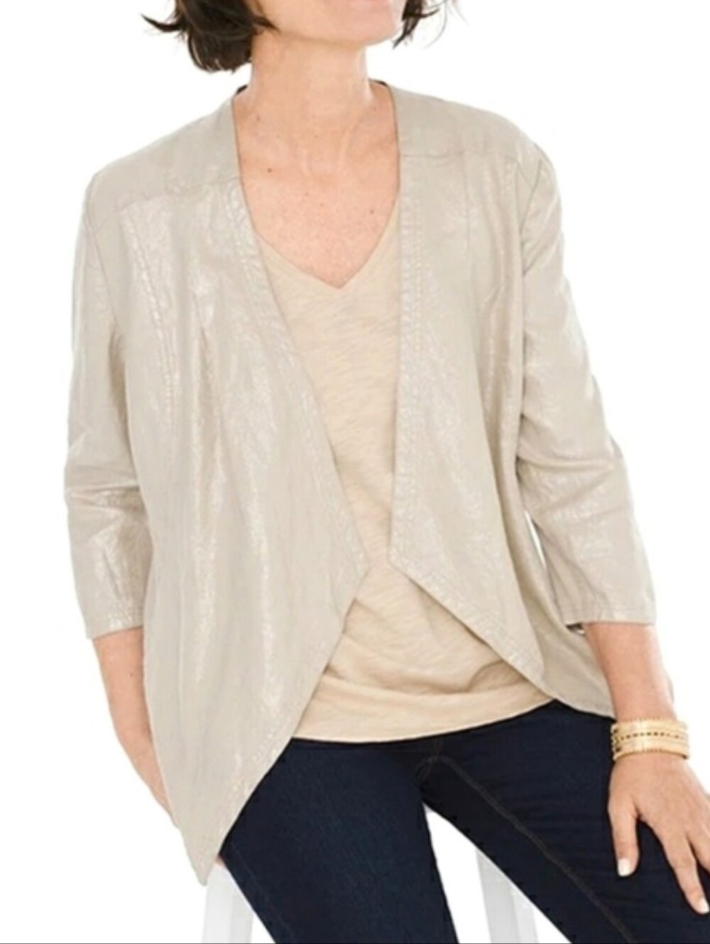 Chico's Foiled Linen Drape Jacket - Sand Metallic Gold - Size 3 (XL/16)